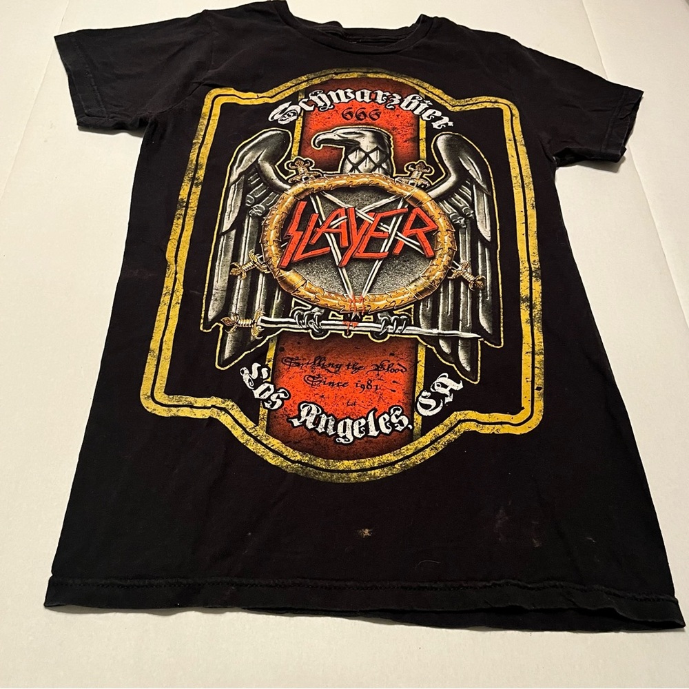 Slayer Mens SZ Approx. XS Black Short Sleeve Shirt Heavy Metal‎ Band Vintage 80s